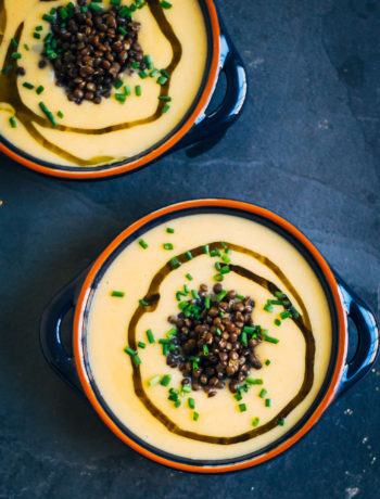 Creamy Autumn Beer Soup w/ Black Lentils + Chives | Well and Full | #recipe