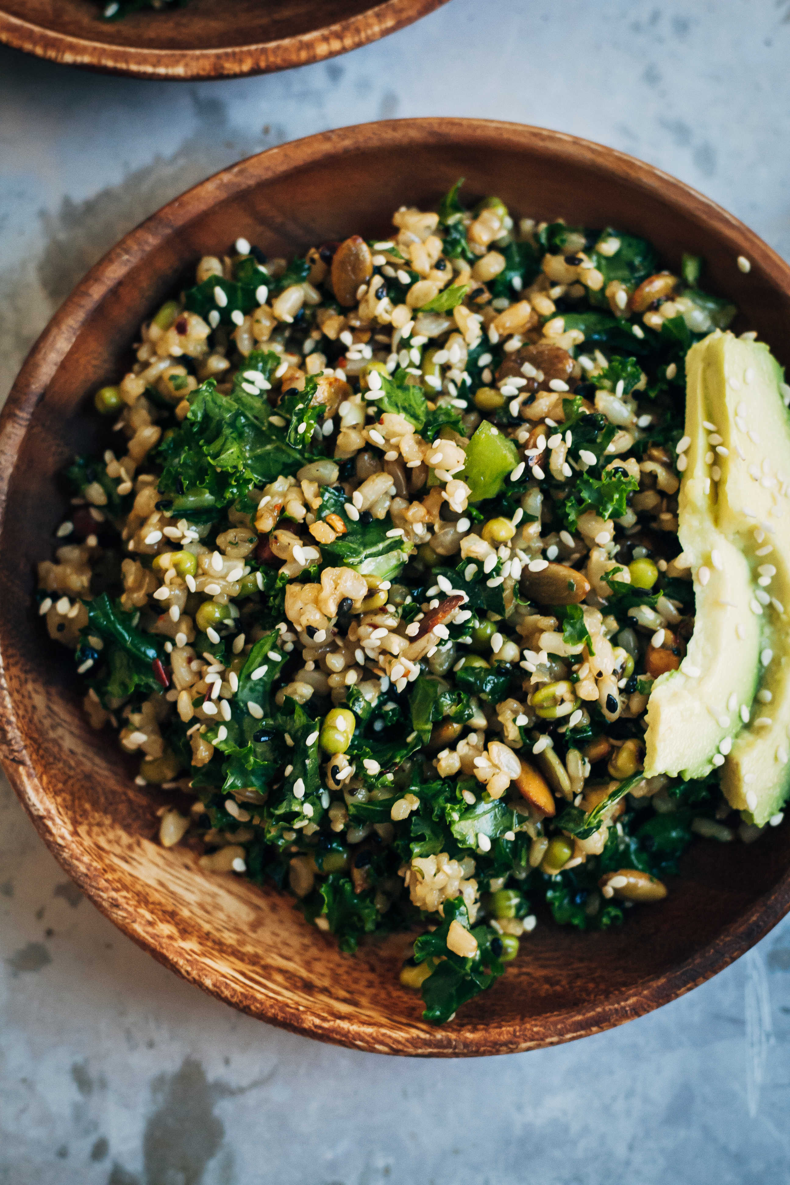Healthy Brown Rice Salad w/ Kale + Sesame Seeds | Well and Full