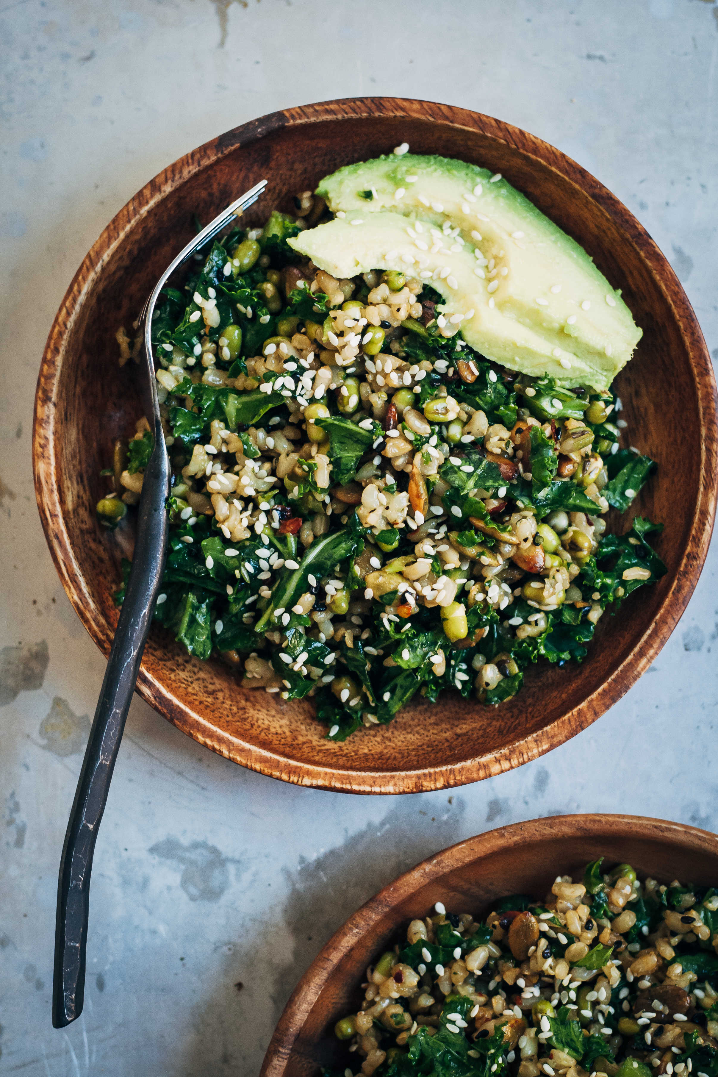 Healthy Brown Rice Salad w/ Kale + Sesame Seeds | Well and Full