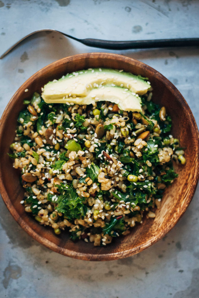 Healthy Brown Rice Salad w/ Kale + Sesame Seeds Well and Full