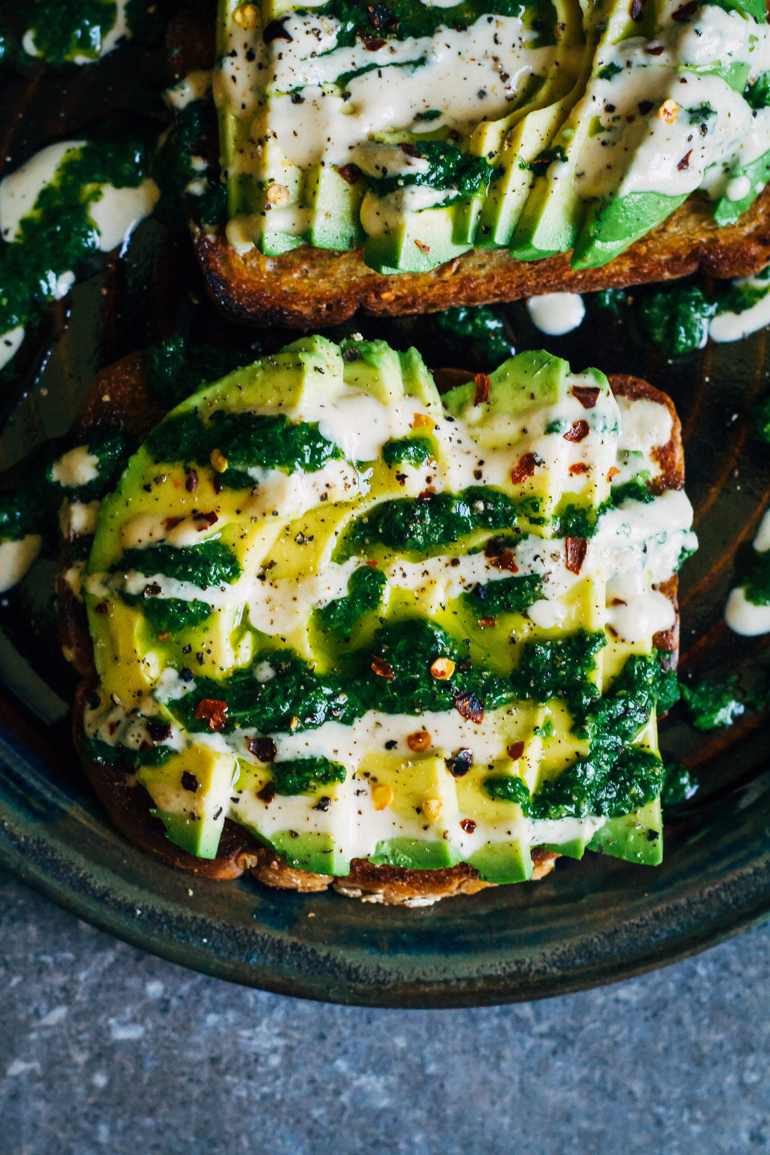 Green Pesto Avocado Toast w/ Tahini | Well and Full | #vegan #avocado #toast #recipe