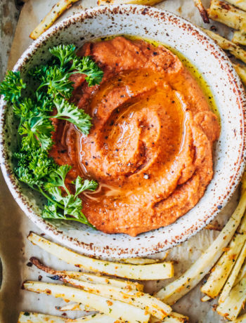 Parsnip Fries w/ Tomato Soup Hummus | Well and Full | #vegetarian #recipe