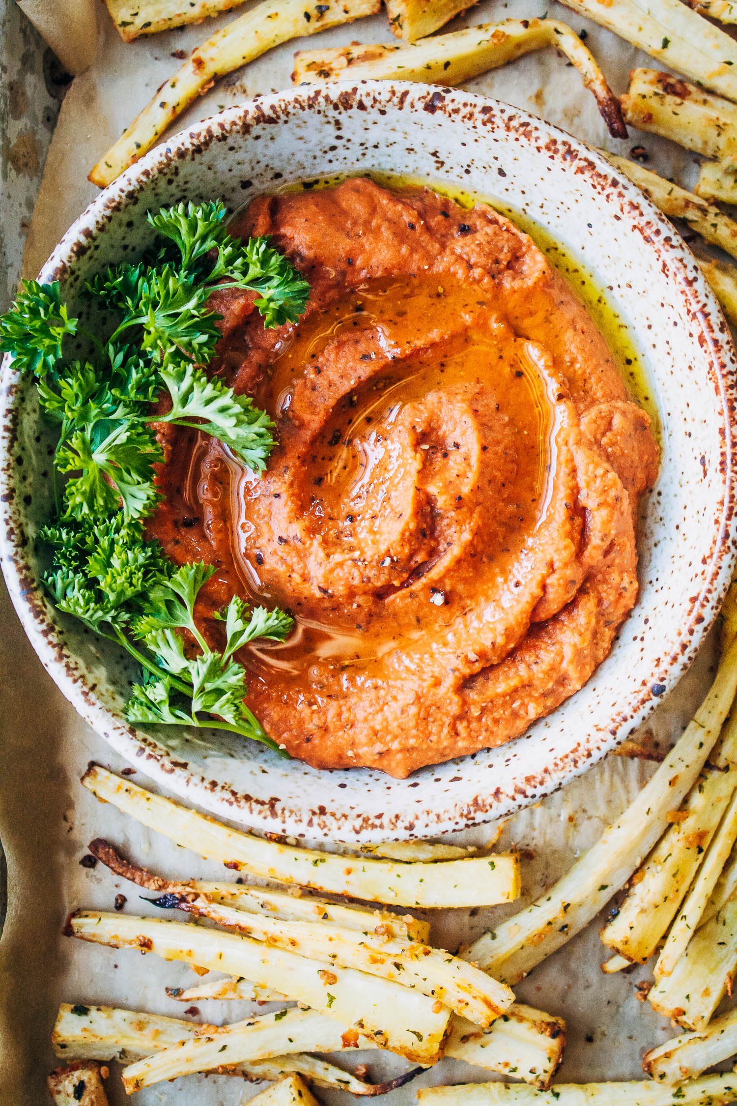 Parsnip Fries w/ Tomato Soup Hummus | Well and Full | #vegetarian #recipe