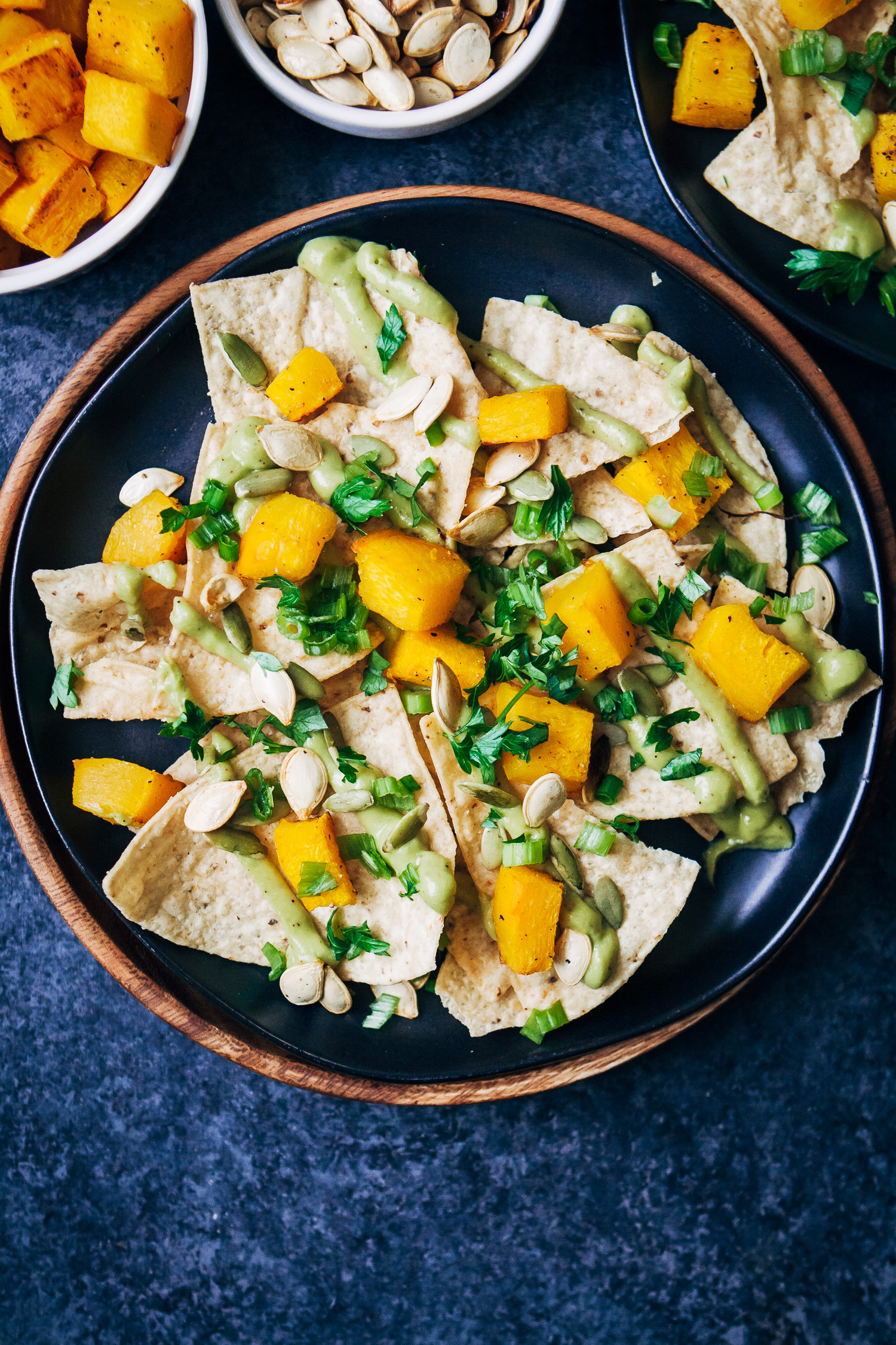 Vegan Pumpkin Nachos w/ Avocado Queso | Well and Full | #healthy #plantbased #fall #recipe