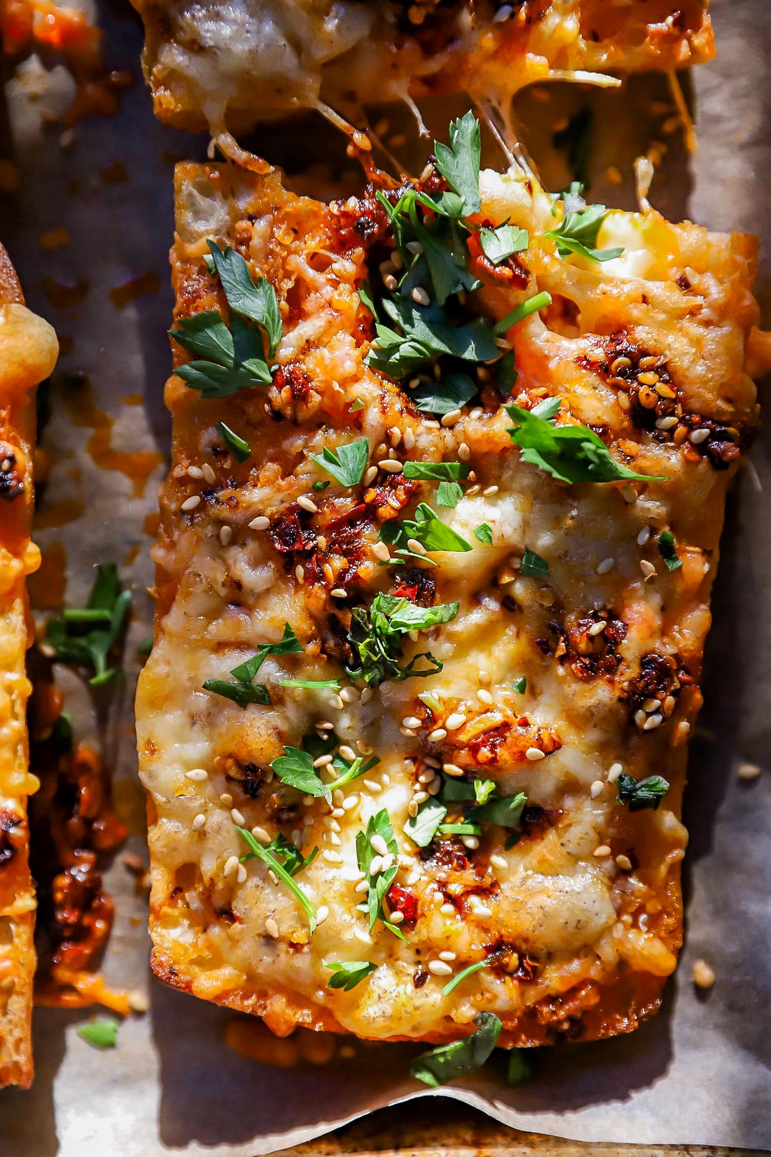 Chili Crunch Garlic Bread | Well and Full | #chilicrunch #vegetarian #recipe