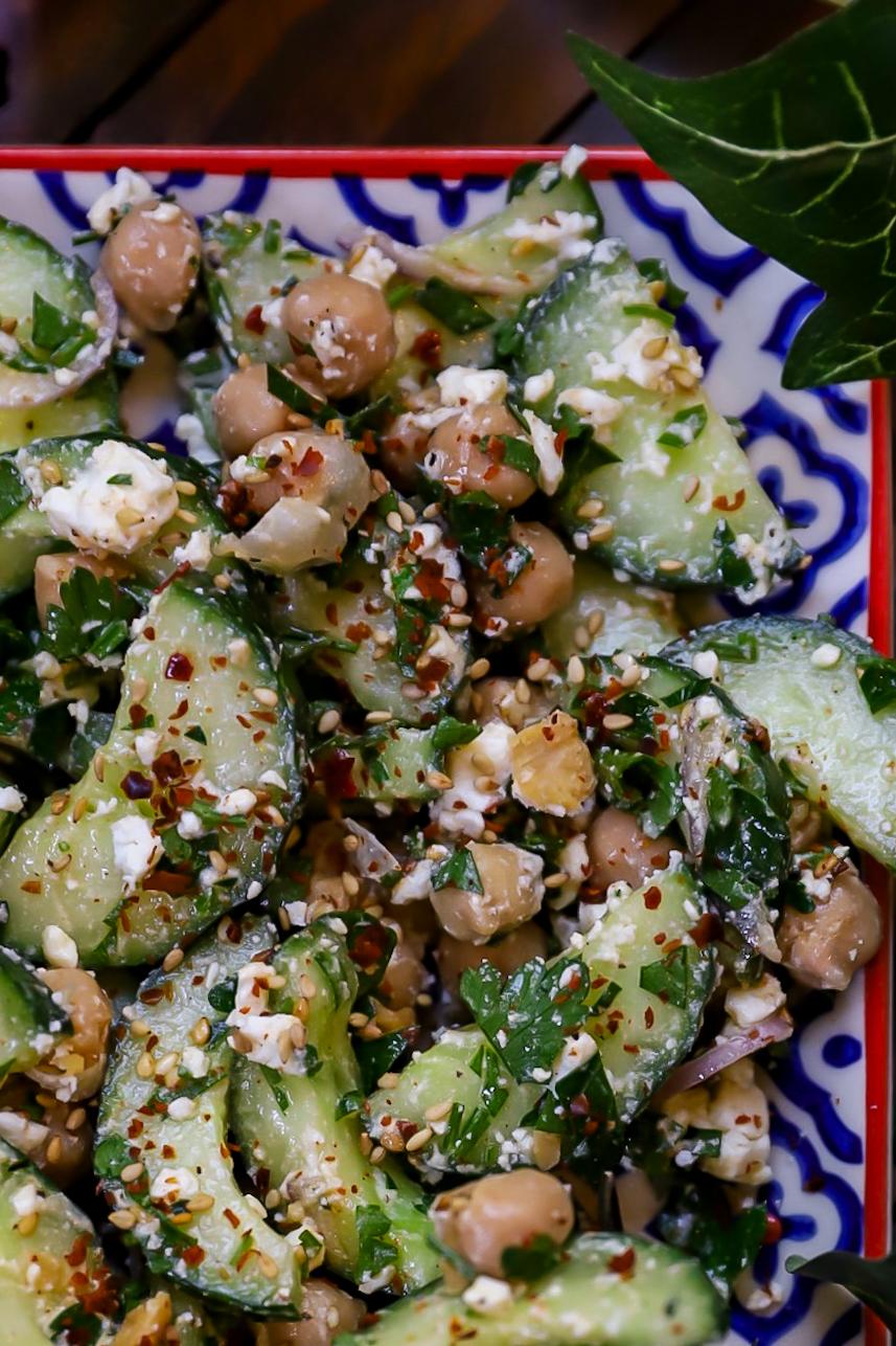 Spicy Chickpea Cucumber Salad with Feta | Well and Full | #vegetarian #seasonal #recipe