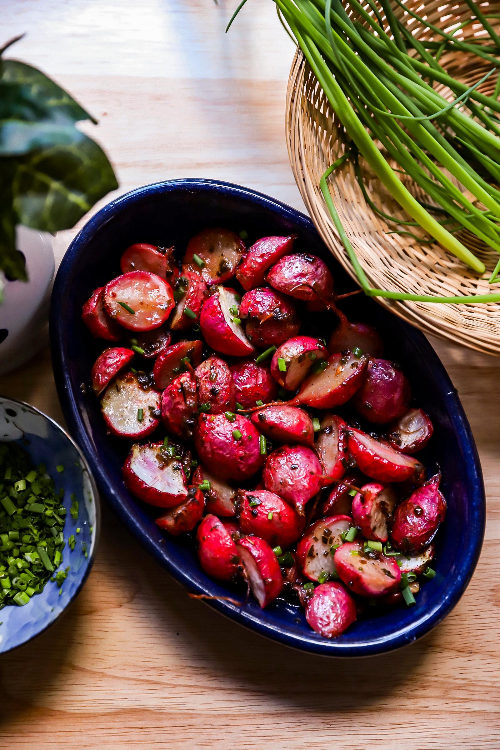 Roasted Radishes with Chive Butter | Well and Full | #vegetarian #spring #recipe