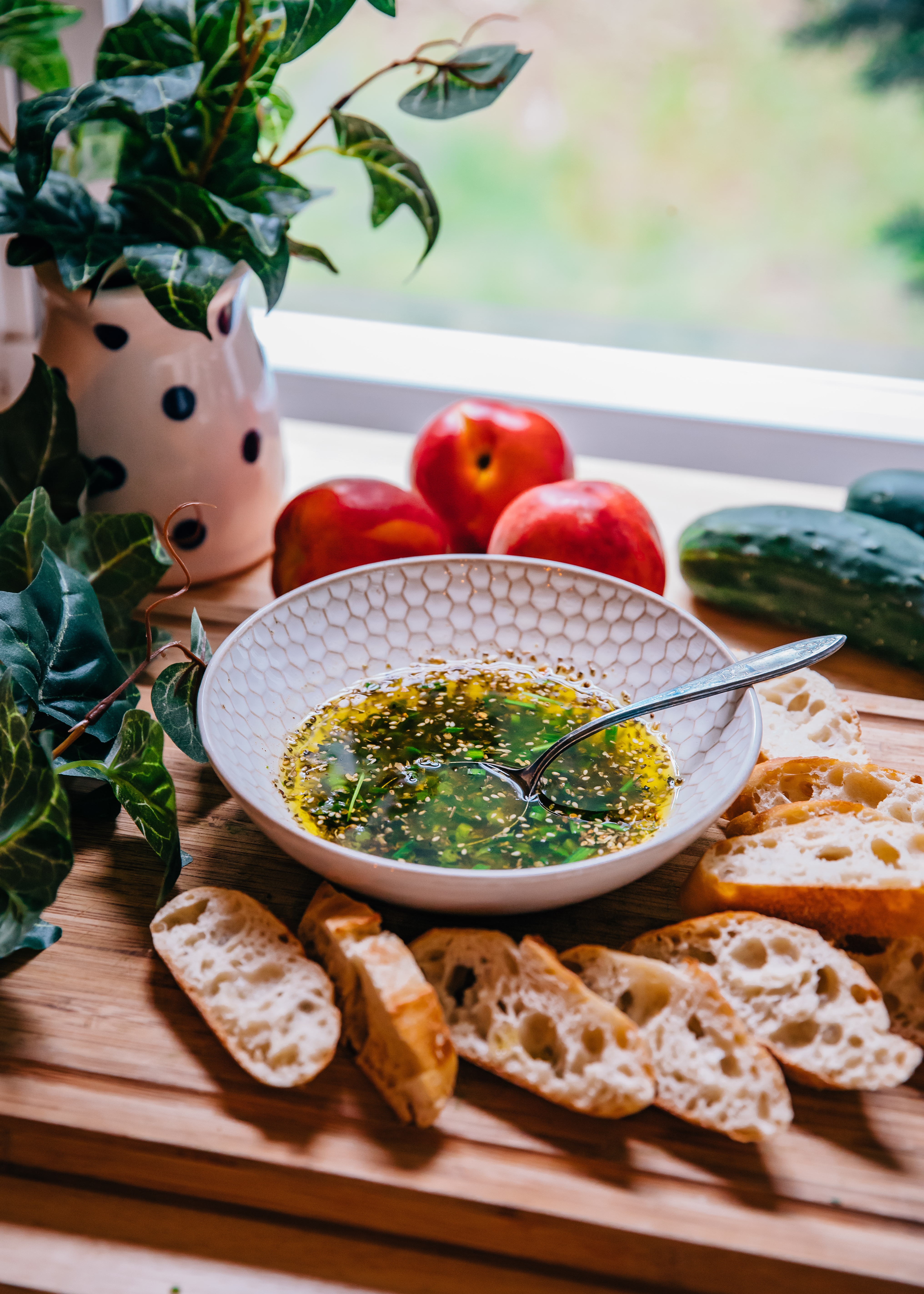 Green Garlic Bread Dipping Oil | Well and Full | #recipe #spring