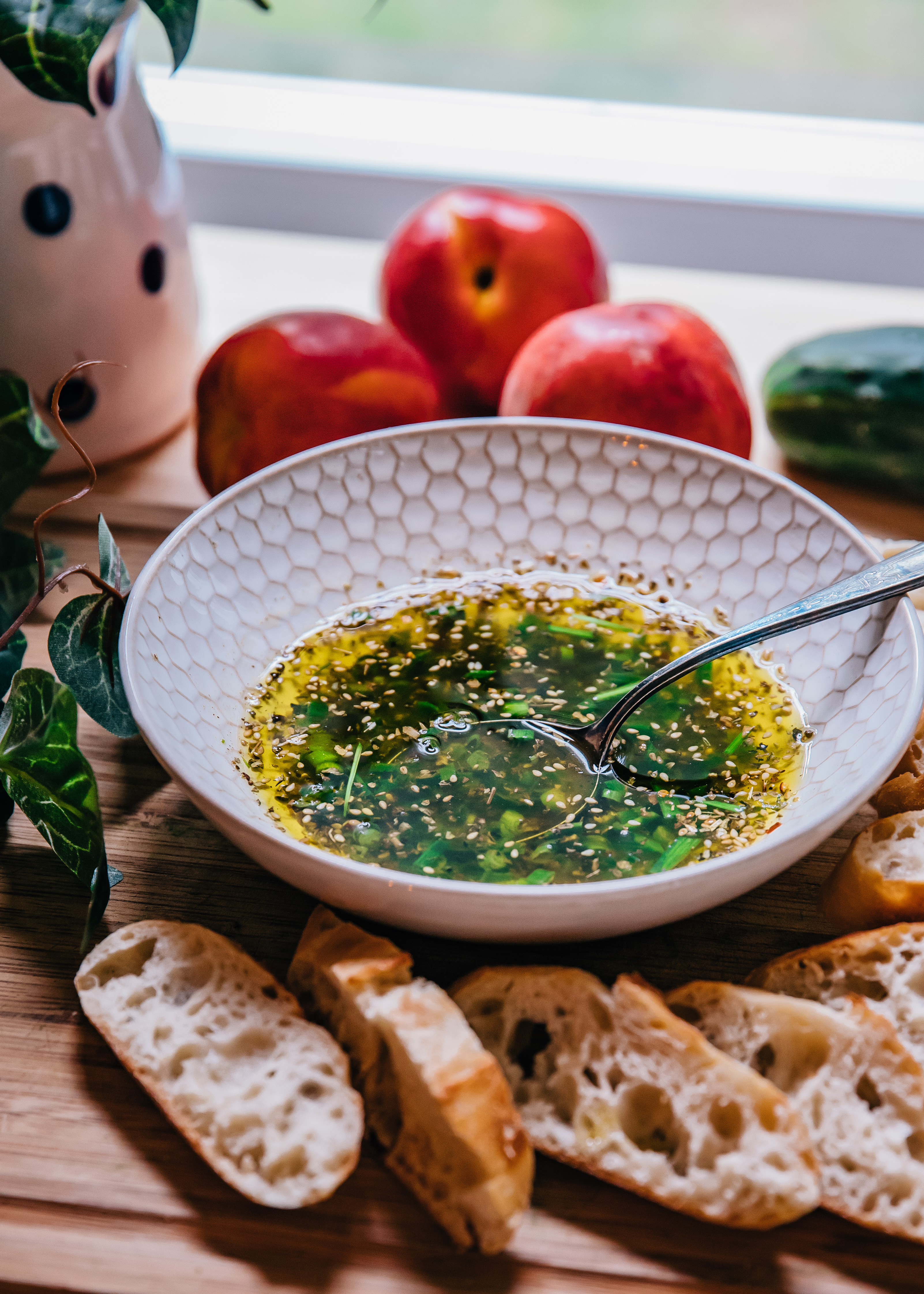 Green Garlic Bread Dipping Oil | Well and Full | #recipe #spring