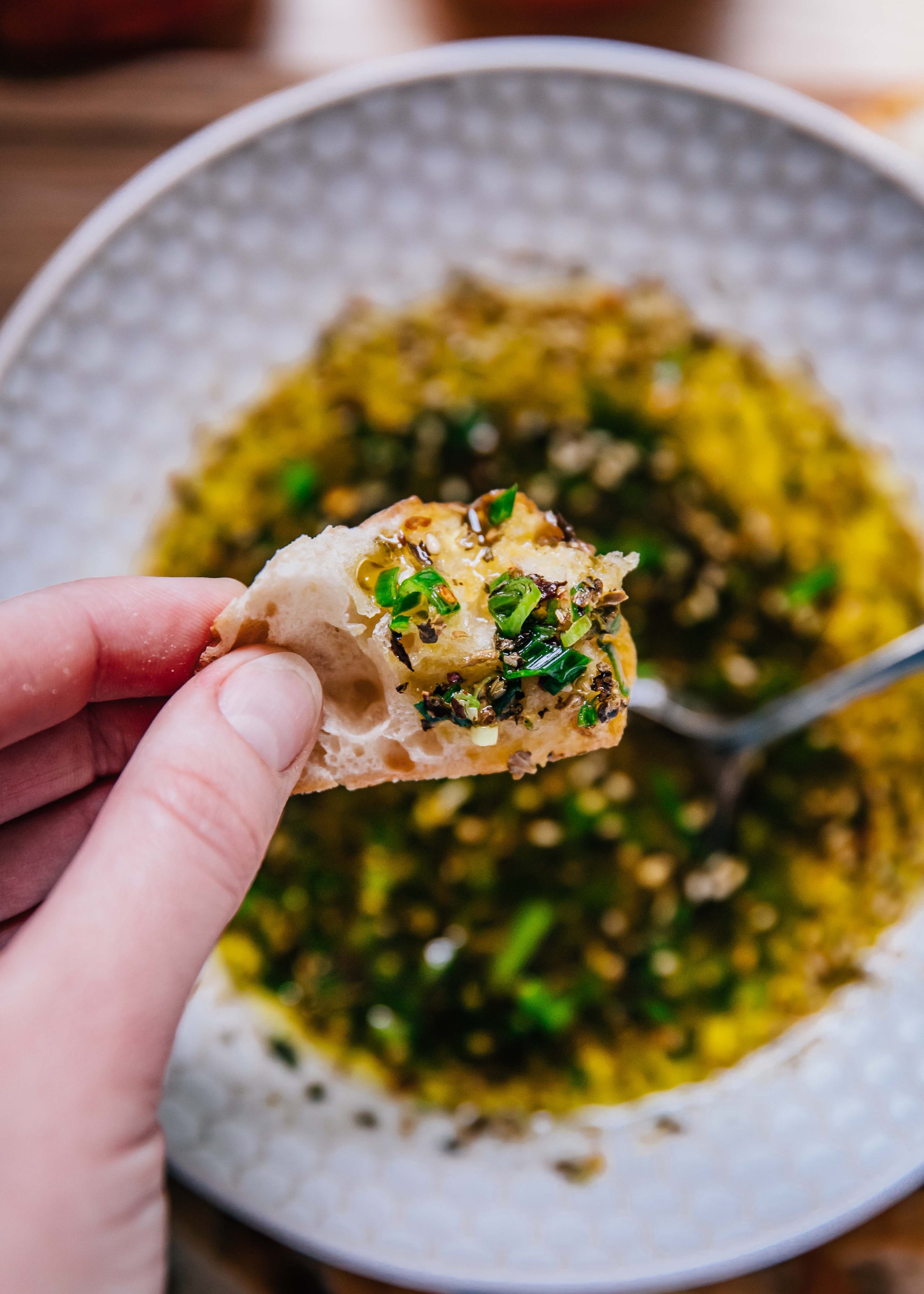 Green Garlic Bread Dipping Oil | Well and Full | #spring #recipe #herbs