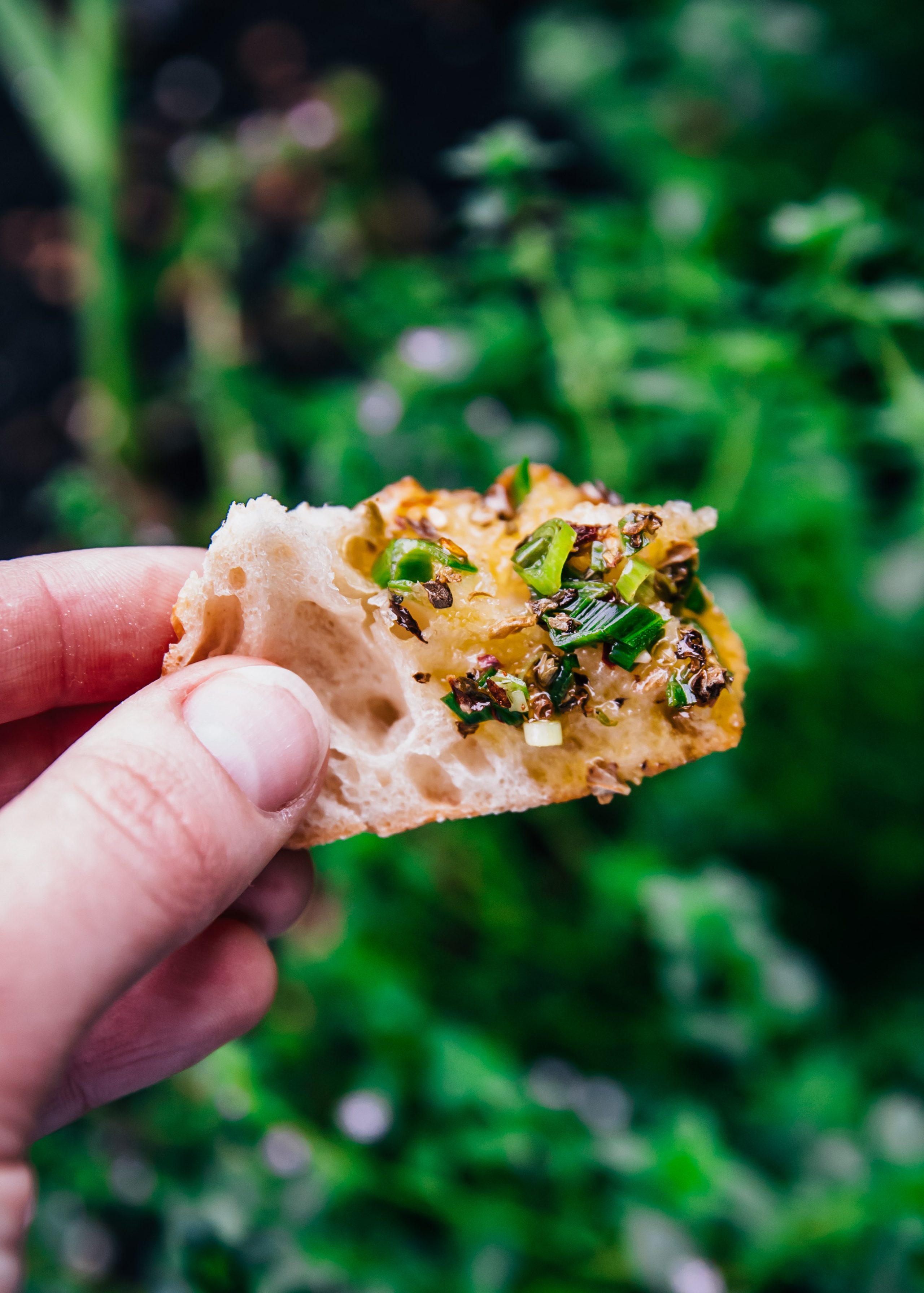 Green Garlic Bread Dipping Oil | Well and Full | #spring #recipe #herbs