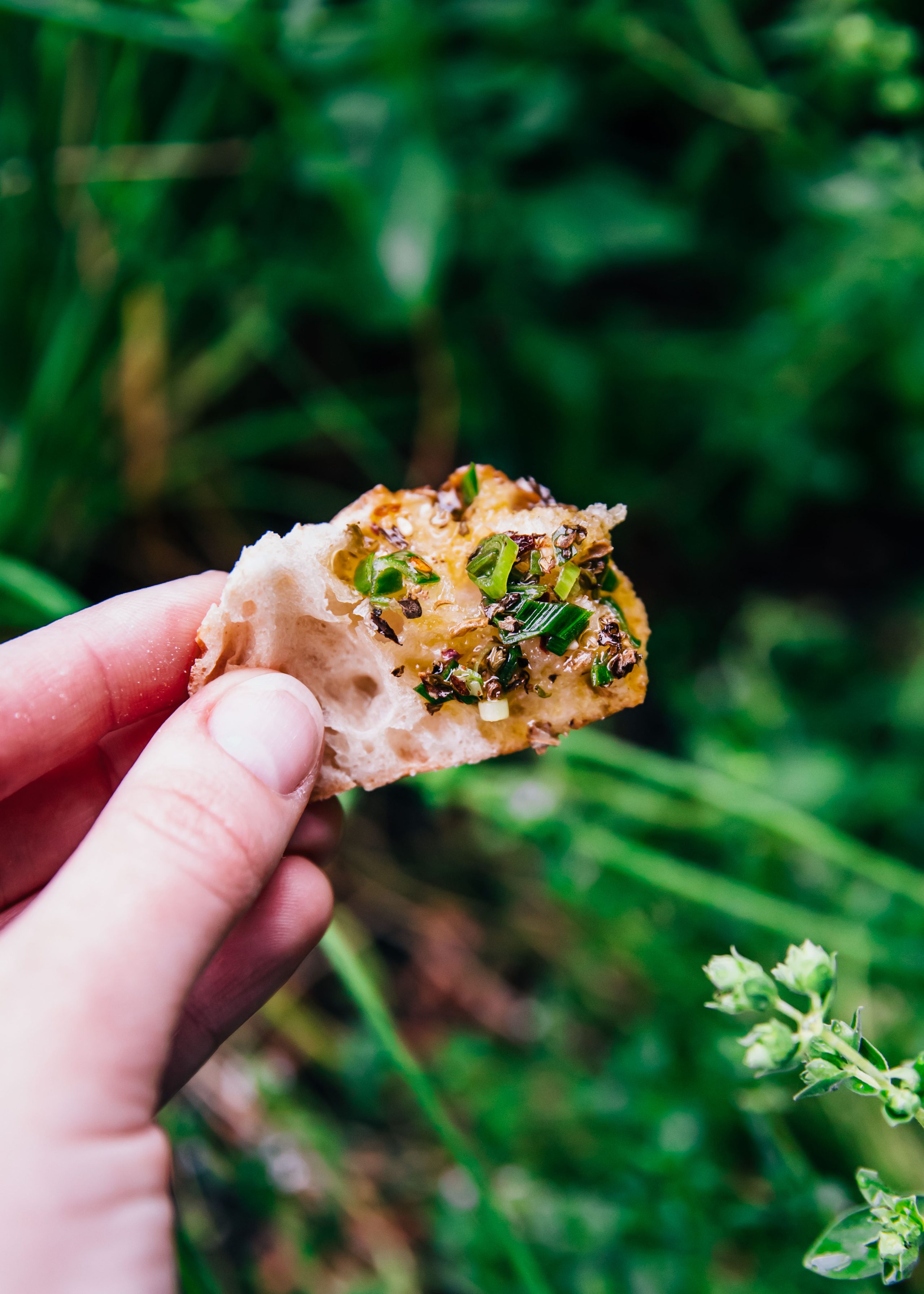Green Garlic Bread Dipping Oil | Well and Full | #spring #recipe #herbs